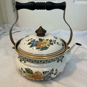 Vintage ASTA enamelware tea kettle, likely from the 1960s or 1970s